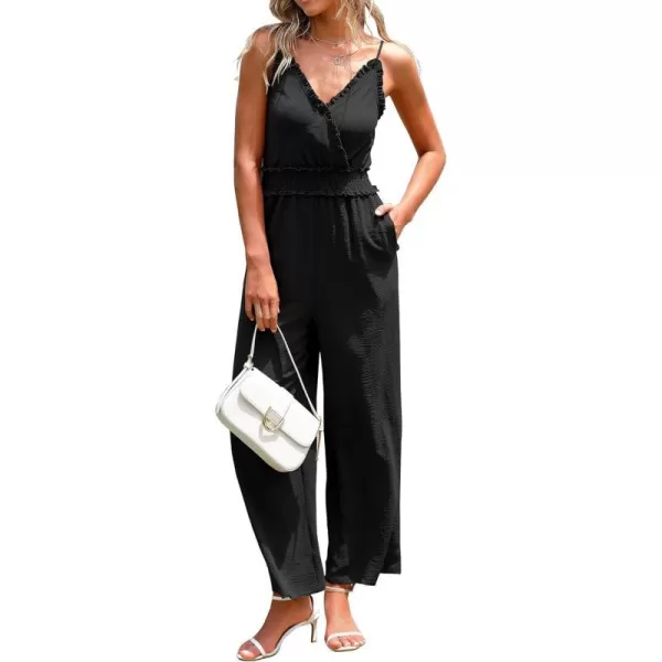 imageBTFBM Women Casual Summer Jumpsuits 2023 Sleeveless V Neck Spaghetti Strap Long Pants Rompers One Piece Jumpsuit OutfitsSolid Black