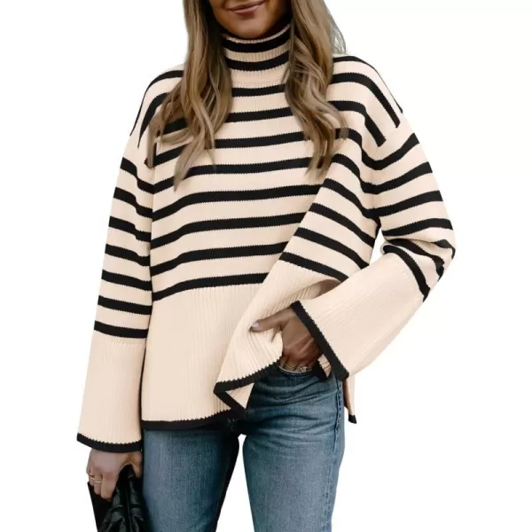 imageBTFBM Women Casual Turtleneck Striped Sweater 2023 Fall Winter Jumper Tops Long Sleeve Side Slit Oversized Knit PulloverStriped Beige
