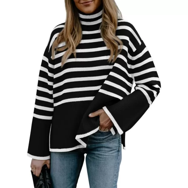 imageBTFBM Women Casual Turtleneck Striped Sweater 2023 Fall Winter Jumper Tops Long Sleeve Side Slit Oversized Knit PulloverStriped Black