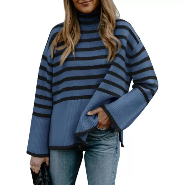 imageBTFBM Women Casual Turtleneck Striped Sweater 2023 Fall Winter Jumper Tops Long Sleeve Side Slit Oversized Knit PulloverStriped Grey Blue