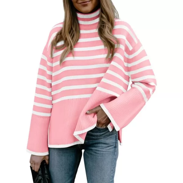 imageBTFBM Women Casual Turtleneck Striped Sweater 2023 Fall Winter Jumper Tops Long Sleeve Side Slit Oversized Knit PulloverStriped Pink