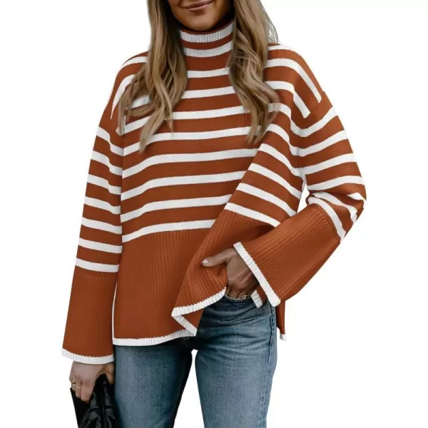 imageBTFBM Women Casual Turtleneck Striped Sweater 2023 Fall Winter Jumper Tops Long Sleeve Side Slit Oversized Knit PulloverStriped Rust Red