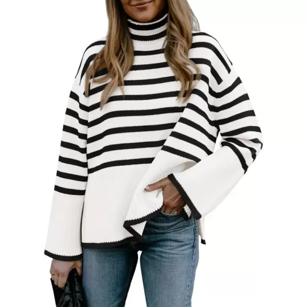 imageBTFBM Women Casual Turtleneck Striped Sweater 2023 Fall Winter Jumper Tops Long Sleeve Side Slit Oversized Knit PulloverStriped White