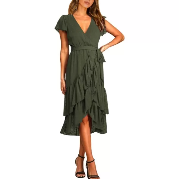 imageBTFBM Women Casual V Neck Dresses Boho Short Sleeve Chiffon Swiss Dot Belted Ruffle Wrap 2023 Summer Wedding Party DressSwiss Dot Army Green