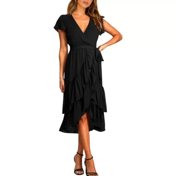 imageBTFBM Women Casual V Neck Dresses Boho Short Sleeve Chiffon Swiss Dot Belted Ruffle Wrap 2023 Summer Wedding Party DressSwiss Dot Black
