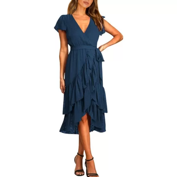 imageBTFBM Women Casual V Neck Dresses Boho Short Sleeve Chiffon Swiss Dot Belted Ruffle Wrap 2023 Summer Wedding Party DressSwiss Dot Dark Blue