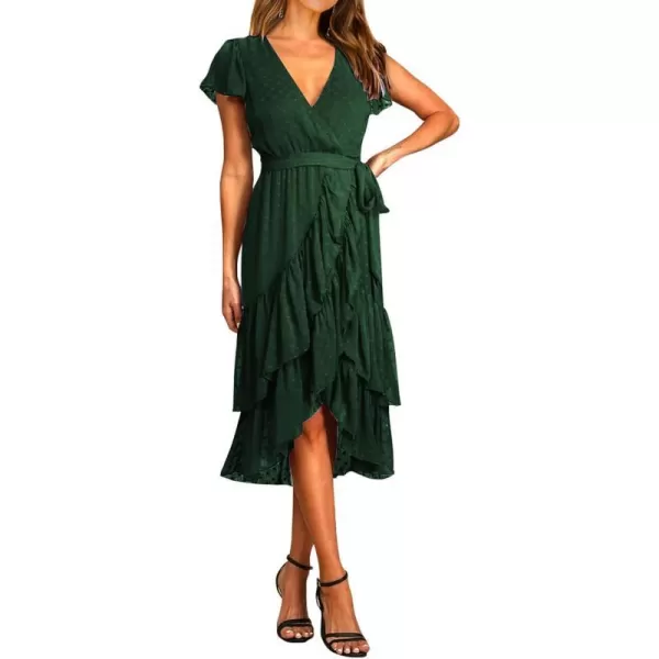 imageBTFBM Women Casual V Neck Dresses Boho Short Sleeve Chiffon Swiss Dot Belted Ruffle Wrap 2023 Summer Wedding Party DressSwiss Dot Dark Green