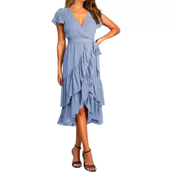 imageBTFBM Women Casual V Neck Dresses Boho Short Sleeve Chiffon Swiss Dot Belted Ruffle Wrap 2023 Summer Wedding Party DressSwiss Dot Light Blue