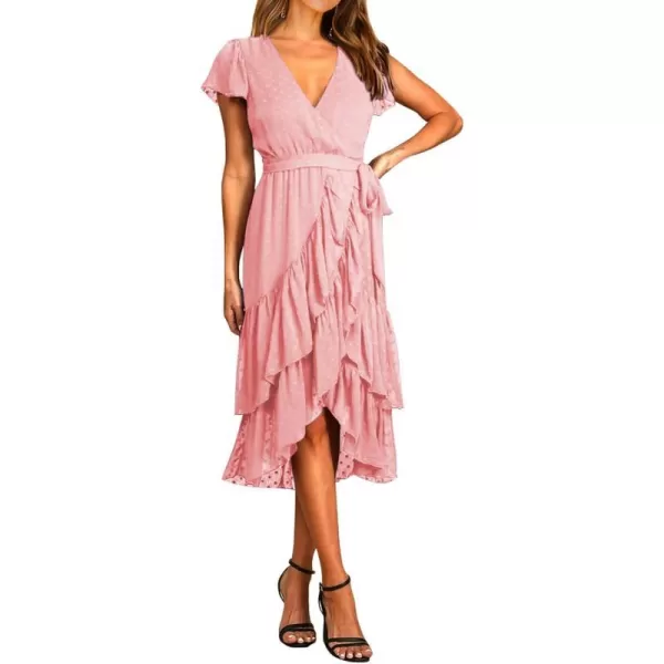 imageBTFBM Women Casual V Neck Dresses Boho Short Sleeve Chiffon Swiss Dot Belted Ruffle Wrap 2023 Summer Wedding Party DressSwiss Dot Pink