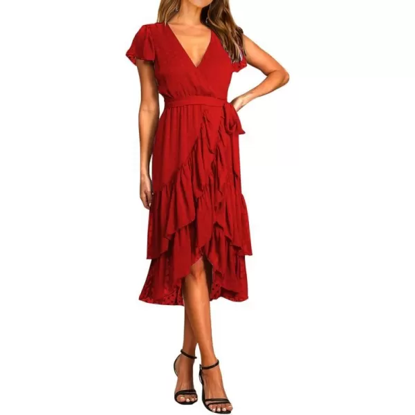 imageBTFBM Women Casual V Neck Dresses Boho Short Sleeve Chiffon Swiss Dot Belted Ruffle Wrap 2023 Summer Wedding Party DressSwiss Dot Red