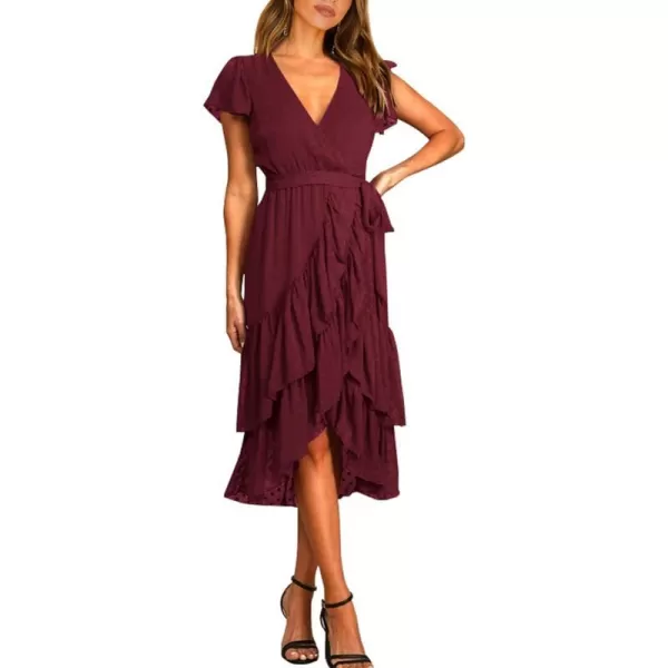 imageBTFBM Women Casual V Neck Dresses Boho Short Sleeve Chiffon Swiss Dot Belted Ruffle Wrap 2023 Summer Wedding Party DressSwiss Dot Wine Red