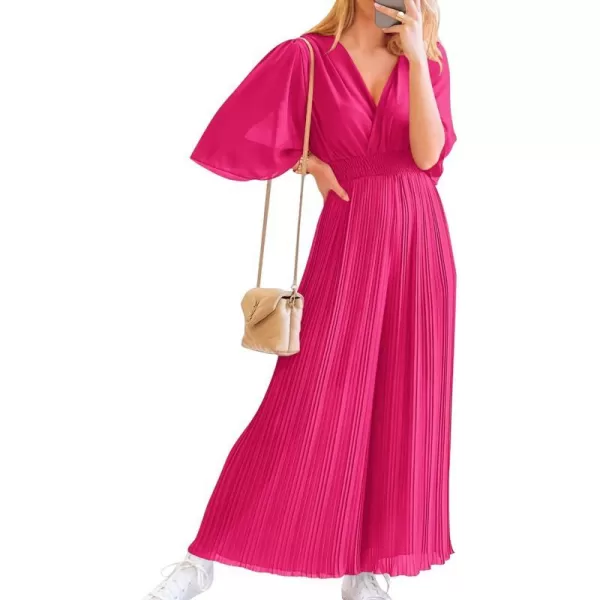 imageBTFBM Women Chiffon Wrap V Neck Summer Jumpsuit Spring Mesh Half Sleeve Elastic Waist Pleated Wide Leg Long Pants RomperBTFBM Women Chiffon Wrap V Neck Summer Jumpsuit Spring Mesh Half Sleeve Elastic Waist Pleated Wide Leg Long Pants Romper