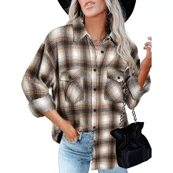 imageBTFBM Women Corduroy Shacket Jacket 2023 Long Sleeve Button Down Casual Plaid Flannel Shirts Boyfriend Fall Blouses TopsPlaid Brown