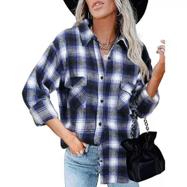 imageBTFBM Women Corduroy Shacket Jacket 2023 Long Sleeve Button Down Casual Plaid Flannel Shirts Boyfriend Fall Blouses TopsPlaid Dark Blue