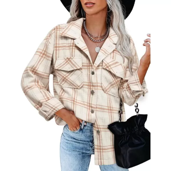 imageBTFBM Women Corduroy Shacket Jacket 2023 Long Sleeve Button Down Casual Plaid Flannel Shirts Boyfriend Fall Blouses TopsPlaid Print Apricot