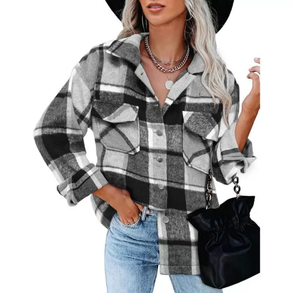 imageBTFBM Women Corduroy Shacket Jacket 2023 Long Sleeve Button Down Casual Plaid Flannel Shirts Boyfriend Fall Blouses TopsPlaid Print Black White