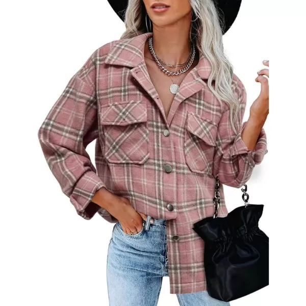 imageBTFBM Women Corduroy Shacket Jacket 2023 Long Sleeve Button Down Casual Plaid Flannel Shirts Boyfriend Fall Blouses TopsPlaid Print Dark Pink
