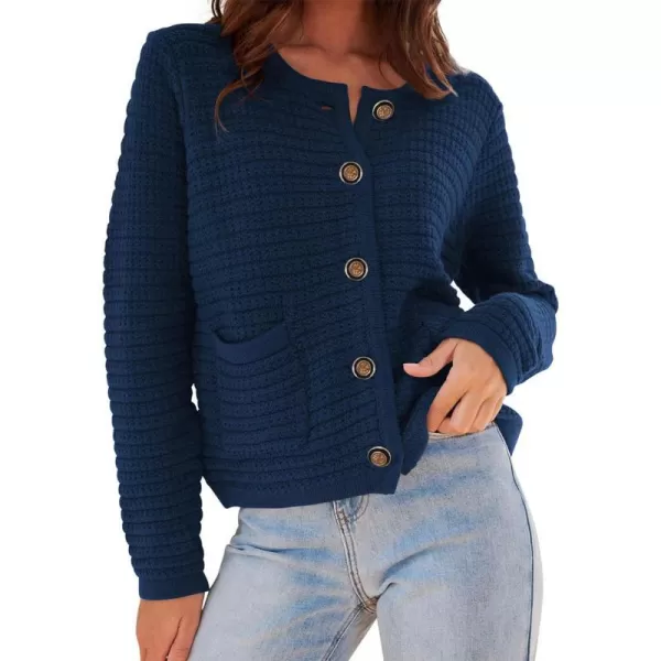 imageBTFBM Women Cropped Cardigan Sweaters Fall Fashion Button Down Long Sleeve Chunky Knit Open Front Sweater OuterwearSolid Navy
