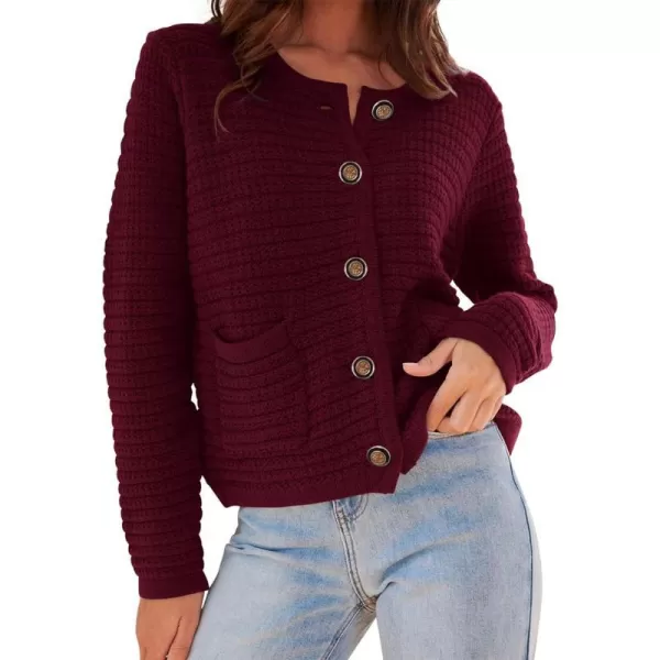 imageBTFBM Women Cropped Cardigan Sweaters Fall Fashion Button Down Long Sleeve Chunky Knit Open Front Sweater OuterwearSolid Wine Red