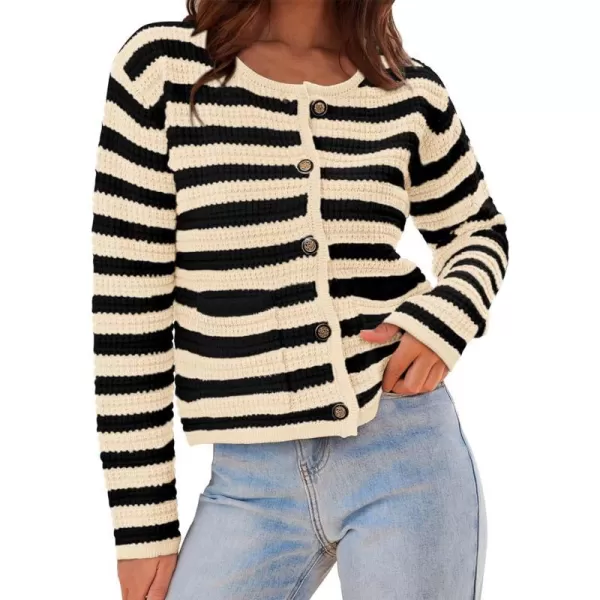 imageBTFBM Women Cropped Cardigan Sweaters Fall Fashion Button Down Long Sleeve Chunky Knit Open Front Sweater OuterwearStriped Beige Black
