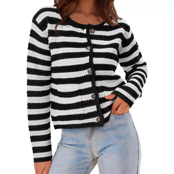 imageBTFBM Women Cropped Cardigan Sweaters Fall Fashion Button Down Long Sleeve Chunky Knit Open Front Sweater OuterwearStriped Black White