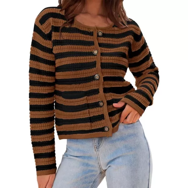imageBTFBM Women Cropped Cardigan Sweaters Fall Fashion Button Down Long Sleeve Chunky Knit Open Front Sweater OuterwearStriped Caramel Black