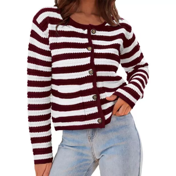 imageBTFBM Women Cropped Cardigan Sweaters Fall Fashion Button Down Long Sleeve Chunky Knit Open Front Sweater OuterwearStriped Wine Red White