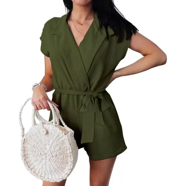 imageBTFBM Women Dressy Lapel V Neck Romper Short Sleeve Pockets Elastic Waist 2023 Casual Summer Shorts Jumpsuits with BeltSolid Army Green