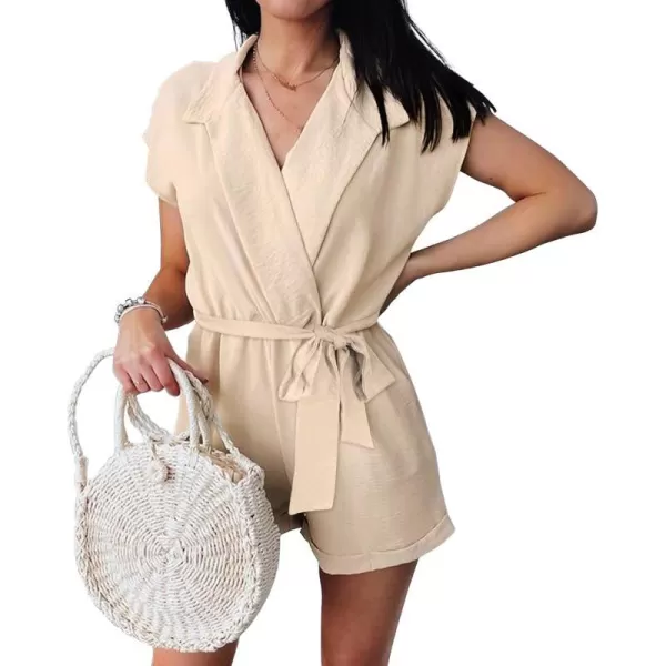 imageBTFBM Women Dressy Lapel V Neck Romper Short Sleeve Pockets Elastic Waist 2023 Casual Summer Shorts Jumpsuits with BeltSolid Beige