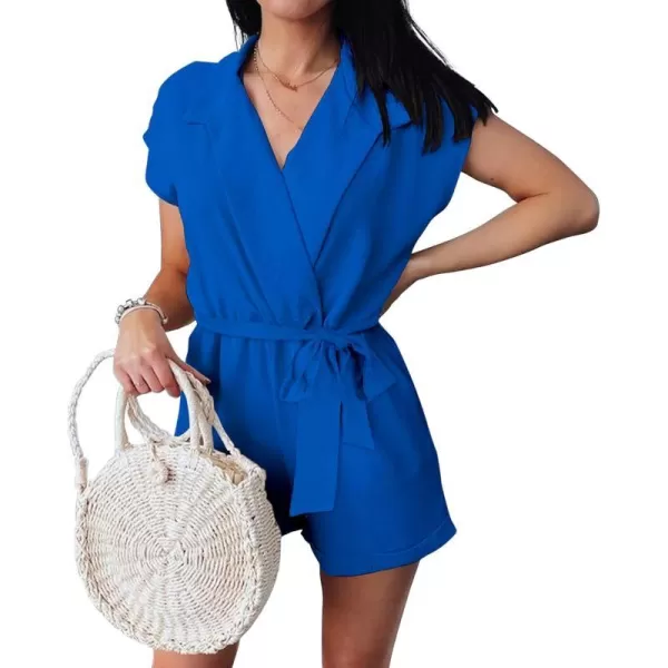 imageBTFBM Women Dressy Lapel V Neck Romper Short Sleeve Pockets Elastic Waist 2023 Casual Summer Shorts Jumpsuits with BeltSolid Brilliant Blue