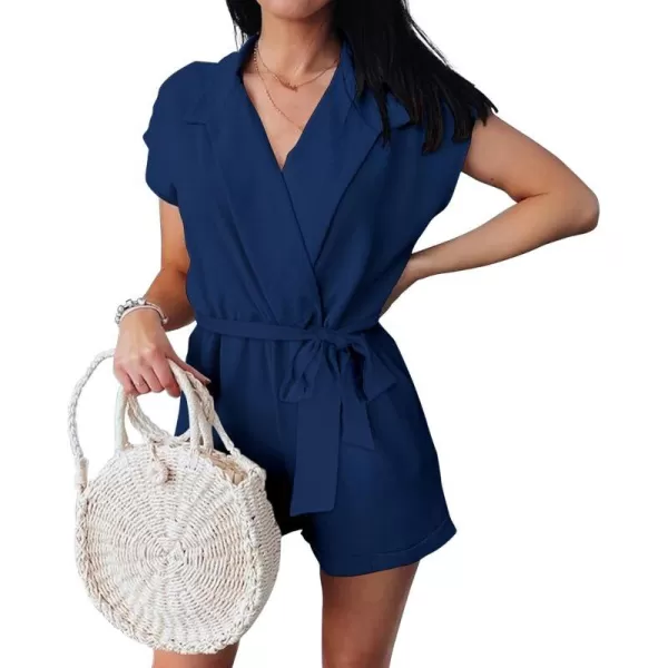 imageBTFBM Women Dressy Lapel V Neck Romper Short Sleeve Pockets Elastic Waist 2023 Casual Summer Shorts Jumpsuits with BeltSolid Dark Blue