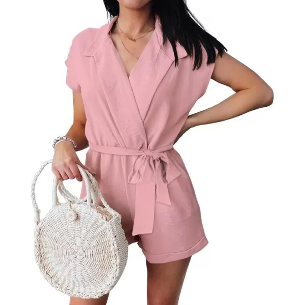 imageBTFBM Women Dressy Lapel V Neck Romper Short Sleeve Pockets Elastic Waist 2023 Casual Summer Shorts Jumpsuits with BeltSolid Pink