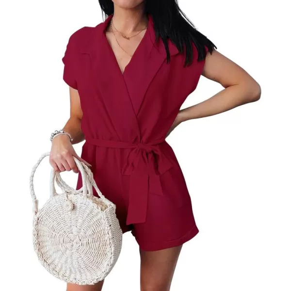 imageBTFBM Women Dressy Lapel V Neck Romper Short Sleeve Pockets Elastic Waist 2023 Casual Summer Shorts Jumpsuits with BeltSolid Wine Red