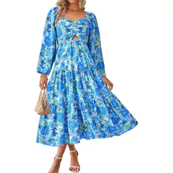 imageBTFBM Women Fall Dresses 2023 Casual Square Neck Puff Long Sleeve Smocked Cut Out Boho Floral Flowy Long Maxi DressBig Floral White Blue