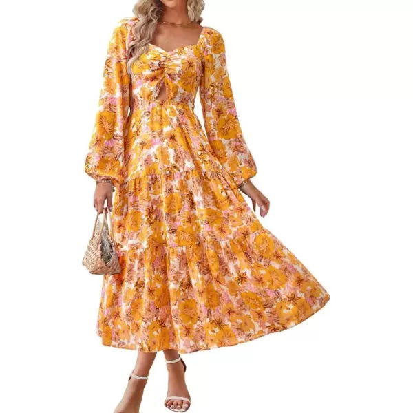 imageBTFBM Women Fall Dresses 2023 Casual Square Neck Puff Long Sleeve Smocked Cut Out Boho Floral Flowy Long Maxi DressBig Floral Yellow