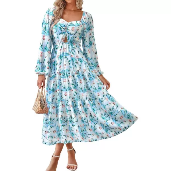 imageBTFBM Women Fall Dresses 2023 Casual Square Neck Puff Long Sleeve Smocked Cut Out Boho Floral Flowy Long Maxi DressFloral Blue