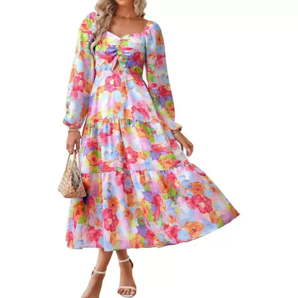 imageBTFBM Women Fall Dresses 2023 Casual Square Neck Puff Long Sleeve Smocked Cut Out Boho Floral Flowy Long Maxi DressFloral Multicolor