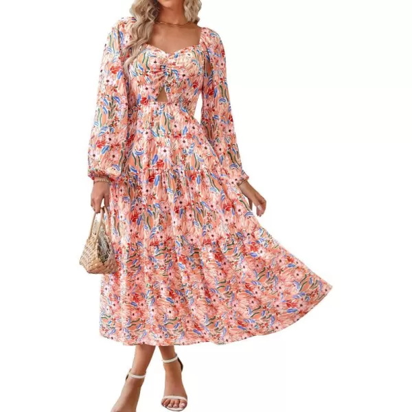 imageBTFBM Women Fall Dresses 2023 Casual Square Neck Puff Long Sleeve Smocked Cut Out Boho Floral Flowy Long Maxi DressFloral Orange Pink
