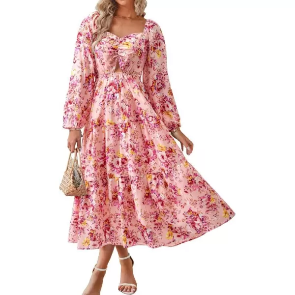 imageBTFBM Women Fall Dresses 2023 Casual Square Neck Puff Long Sleeve Smocked Cut Out Boho Floral Flowy Long Maxi DressFloral Pink Red