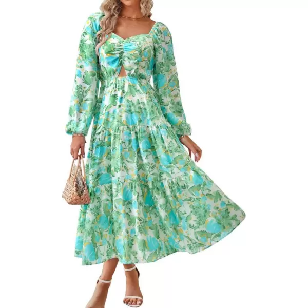 imageBTFBM Women Fall Dresses 2023 Casual Square Neck Puff Long Sleeve Smocked Cut Out Boho Floral Flowy Long Maxi DressFloral White Blue Green
