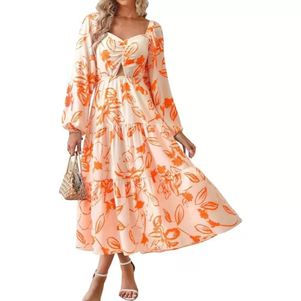 imageBTFBM Women Fall Dresses 2023 Casual Square Neck Puff Long Sleeve Smocked Cut Out Boho Floral Flowy Long Maxi DressFloral White Orange