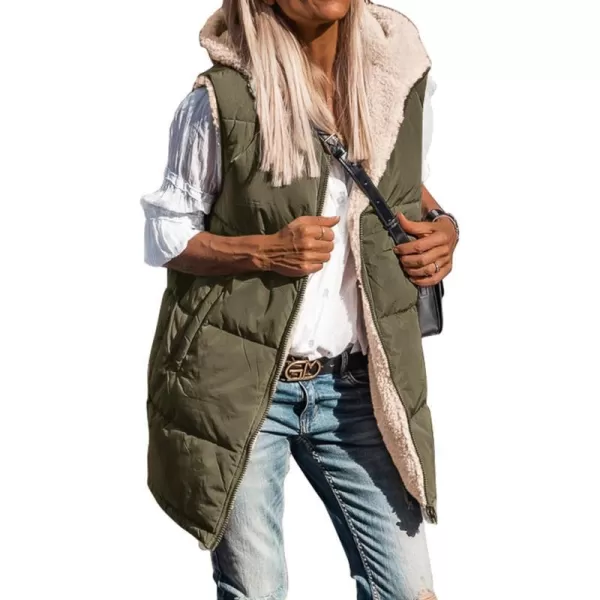imageBTFBM Women Fall Reversible Vests Sleeveless Sherpa Fleece Jacket Zip Up Hoodie Long Warm Winter Padded Coat OuterwearSolid Army Green