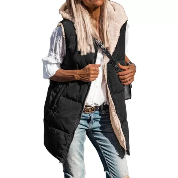 imageBTFBM Women Fall Reversible Vests Sleeveless Sherpa Fleece Jacket Zip Up Hoodie Long Warm Winter Padded Coat OuterwearSolid Black
