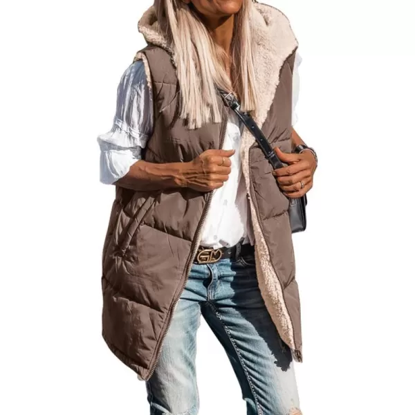 imageBTFBM Women Fall Reversible Vests Sleeveless Sherpa Fleece Jacket Zip Up Hoodie Long Warm Winter Padded Coat OuterwearSolid Coffee