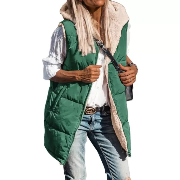 imageBTFBM Women Fall Reversible Vests Sleeveless Sherpa Fleece Jacket Zip Up Hoodie Long Warm Winter Padded Coat OuterwearSolid Dark Green