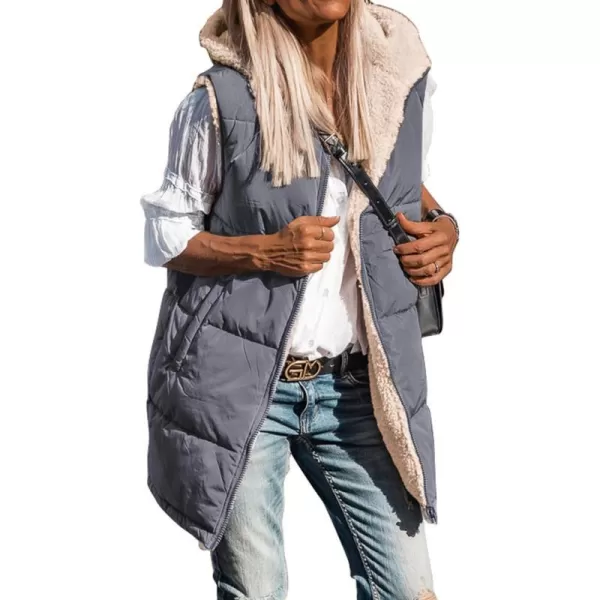 imageBTFBM Women Fall Reversible Vests Sleeveless Sherpa Fleece Jacket Zip Up Hoodie Long Warm Winter Padded Coat OuterwearSolid Grey Blue