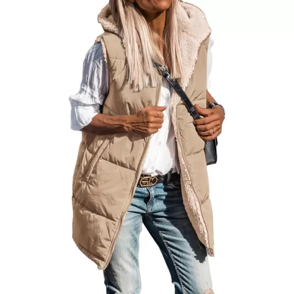 imageBTFBM Women Fall Reversible Vests Sleeveless Sherpa Fleece Jacket Zip Up Hoodie Long Warm Winter Padded Coat OuterwearSolid Light Camel