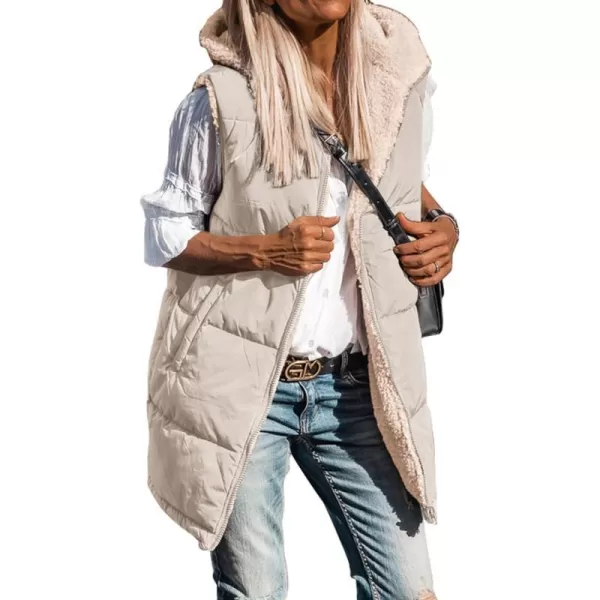 imageBTFBM Women Fall Reversible Vests Sleeveless Sherpa Fleece Jacket Zip Up Hoodie Long Warm Winter Padded Coat OuterwearSolid Light Khaki