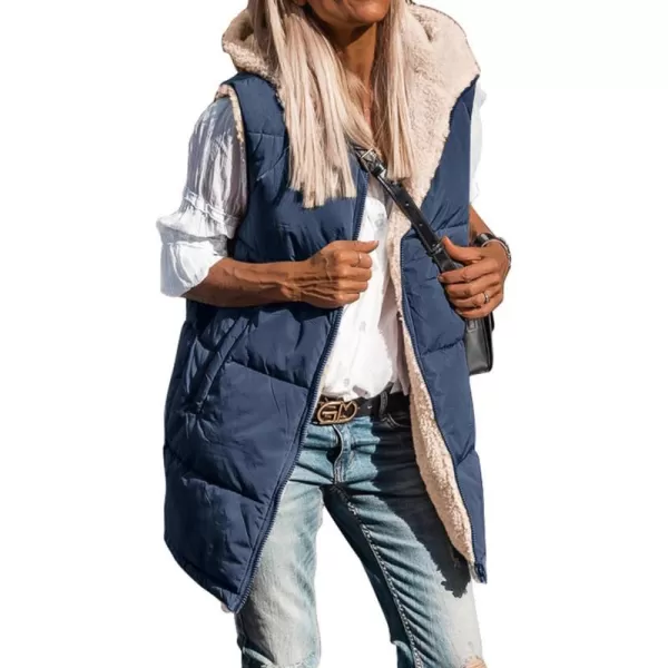 imageBTFBM Women Fall Reversible Vests Sleeveless Sherpa Fleece Jacket Zip Up Hoodie Long Warm Winter Padded Coat OuterwearSolid Navy