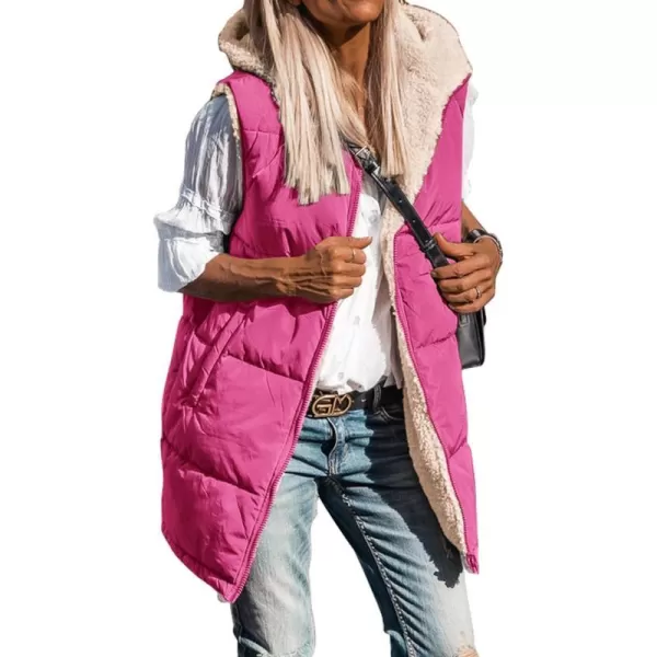imageBTFBM Women Fall Reversible Vests Sleeveless Sherpa Fleece Jacket Zip Up Hoodie Long Warm Winter Padded Coat OuterwearSolid Rose Red
